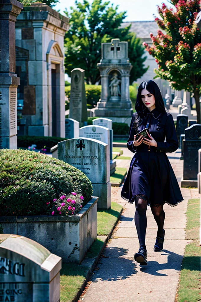 goth woman walking in cimetery 