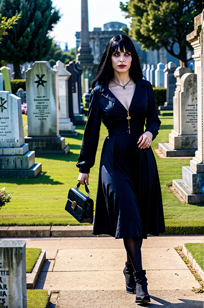 goth woman walking in cimetery 