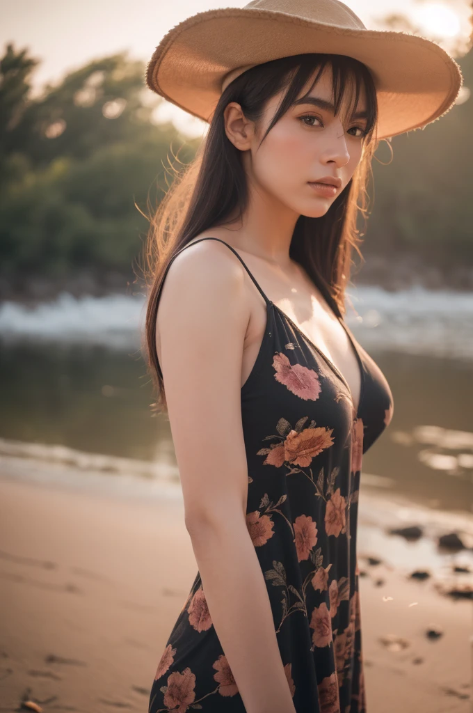 Full-length shot, Best quality, a 25y sweet spain women, wearing floral slip dress, tight breast, hair blowing in the wind, cloche hat, summer, moody atmosphere, beautiful shadow and sunlight, dramatic posing on the beach, submarged with water, kodacrhome, cinematic lighting, masterpiece composition, perfect direct of photography, realistic face and eyes, realistic skin, ultra highly detailed, sharp focus, beautiful film bokeh, surreal view, candid photo, shot by zenit camera with 35mm lens, Portrait by annie leibovitz, in 2024

