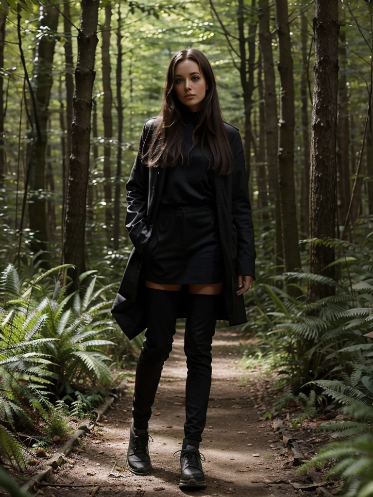 jolie femme, cheveux noirs, en tenue de découverte, tenue miitaire, dans la forêt