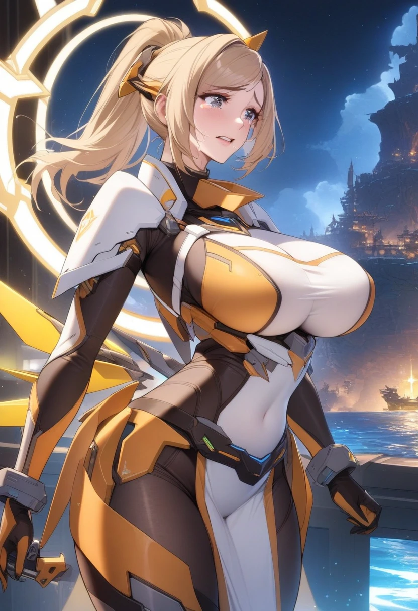 ((1 cyborg woman)),((huge breasts)),((curvy woman)),centred with legs wide open in m shape,centred in a meeting room)),((bare breasts,naked pussy,pussy with lots of bubian hair, with a scientist's coat)),((hair with brown comqui with a white stripe, bright yellow eyes)),((with an assistant,)),((facing the viewer)),