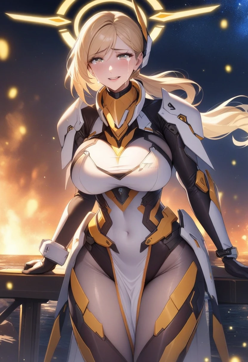 masterpiece, best quality, very aesthetic, absurdres, 1girl, mature_lady,handcuff, tears_in_eyes, ,mercy(overwatch),1girl, mechanical_halo, mechanical_wings, halo, headgear, blonde_hair, ponytail, bodysuit,armor, boobplate, breastplate, faulds, gloves, gorget, large_breasts, pelvic_curtain,,on a ship,glowing stardust frontground,fantasy,sparkling,fireflies,
