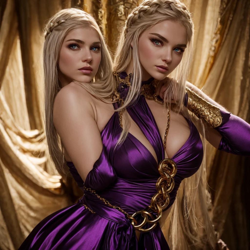 long, silver-gold hair, braided or bound up in rings, purple eyes, harsher austere beauty, A voluptuous, sensual, and passionate woman, silk and in ringmail, solo