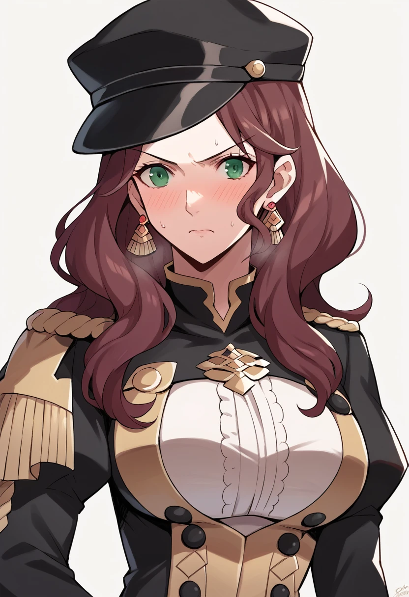 score_9, score_8_up, score_7_up, source_anime, Dorothea (Fire Emblem), bust shot, black headwear,  (black long-sleeve uniform), brown hair, dangle earrings, gold trim, green eyes, jewelry, large breasts, long hair, black peaked cap, black hat, look down, serious facial expression, closed mouth, blush, sweat, seductive