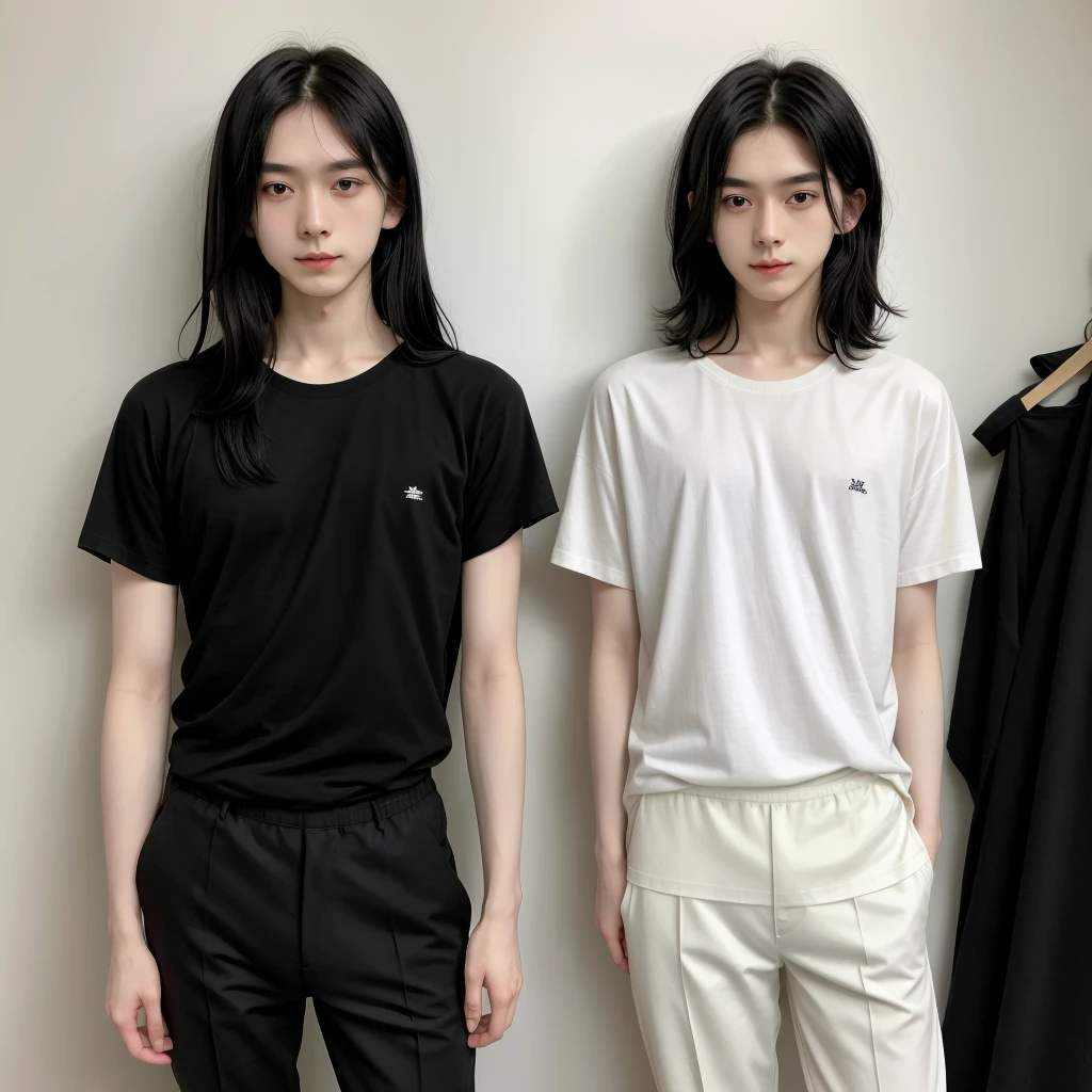 1 young 27 year old femboy, 1.60m tall, black shoulder-length hair, slightly pale skin, black crow-like eyes, a bit thin and fragile, wearing black pants, shirt or t-shirt, cashmere and sneakers