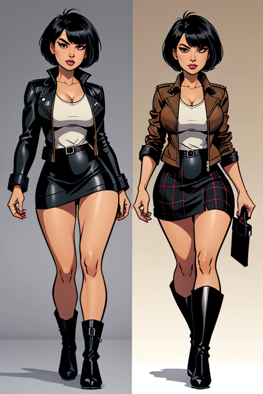 short black hair, with slightly messy bangs. Dark, penetrating brown eyes. Thin and marked build. short black leather skirt, a loose white shirt and a plaid jacket. She completed her outfit with tall boots. Busty. Comic style. Marvel style