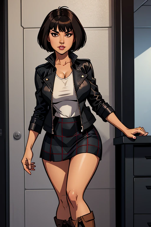 short black hair, with slightly messy bangs.  Dark, penetrating brown eyes.  Thin and marked build.  short black leather skirt, a loose white shirt and a plaid jacket.  She completed her outfit with tall boots. Busty. Comic style. Marvel style