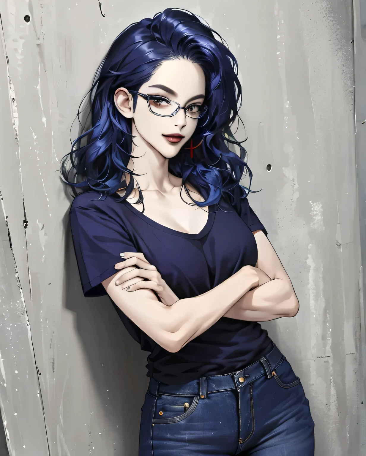 (masterpiece,HD,uhd,Detailed face,perfect face, complex parts,Smirk, detailed eyes,detailed retina, crossed arms), Best quality,Glasses,Smirking,crossed arms,crossed arms,Wavy hair,standing against the wall,blue hair,tall woman,T-shirt,jeans, expressive eyes, perfect face, parted lips, Red lips, bad girl, mature woman,
