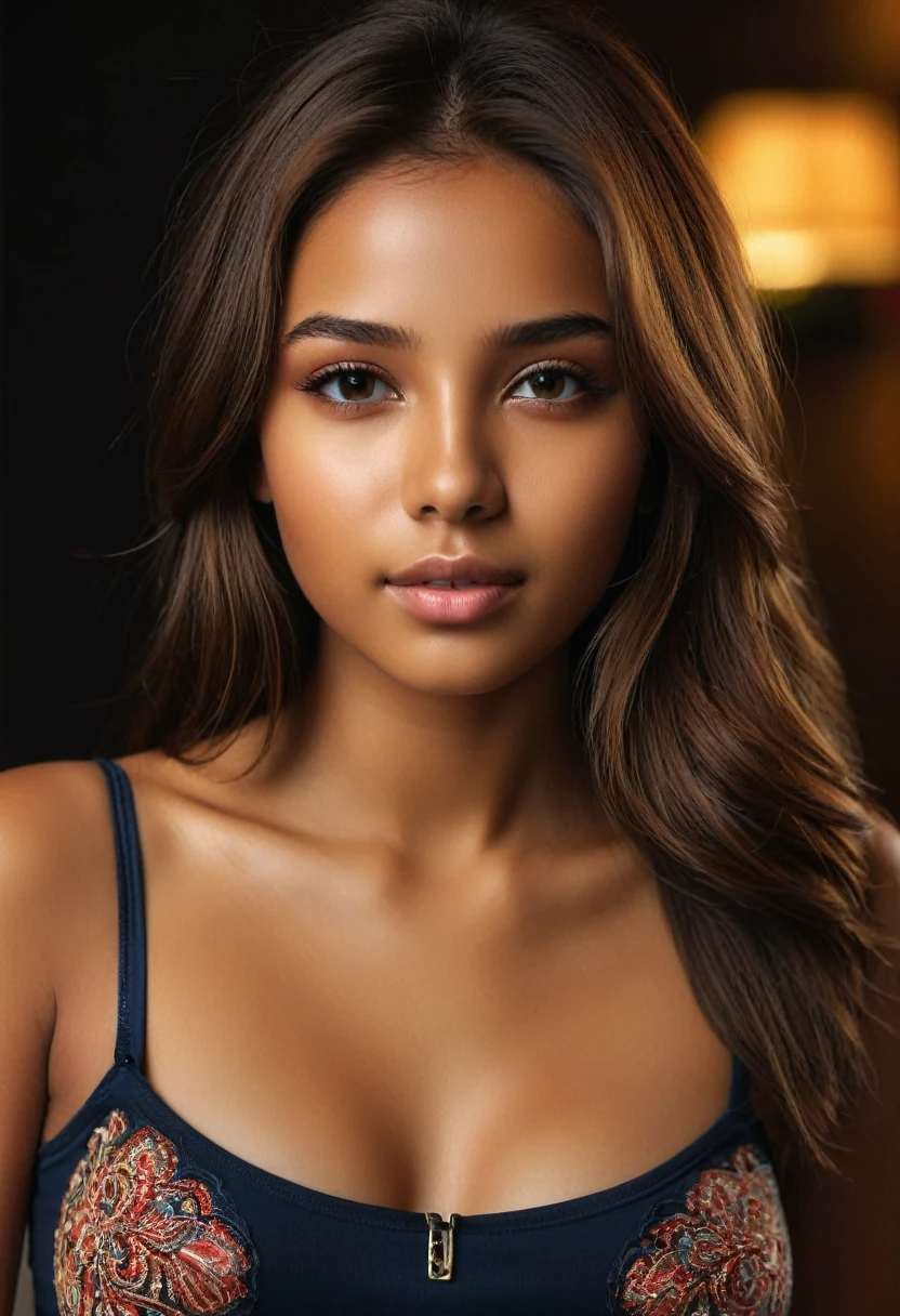 Attractive 20 year old woman, with the face of a 14 year old girl, chestnut hair, smooth caramel skin, breasts of a 14 year old, (very highly detailed face, body detailed, best qualityer, work of art, Dramatic light)) full body shot face to knee M