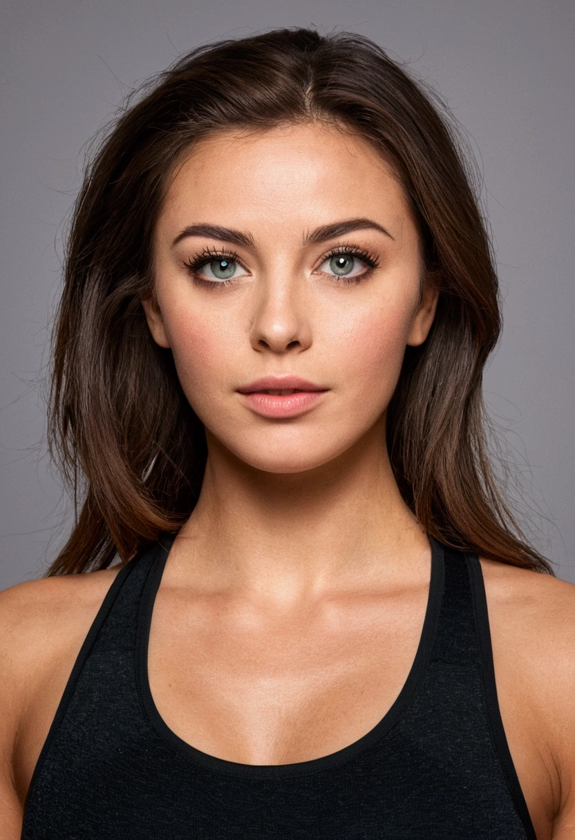 Belle fille de fitness, 20 ans, queue de cheval brune, en collants de yoga noirs. maquillage professionnel, structure très détaillée du matériau du vêtement, visages très détaillés, lumière dynamique, tonalité moderne, lumière cinématographique, Rétroéclairage, yeux parfaits, Réaliste, Qualité cinématographique, Résolution 12k, détail complexe, clarté parfaite, very detailed and Réaliste face with professional makeup, portrait, gros seins