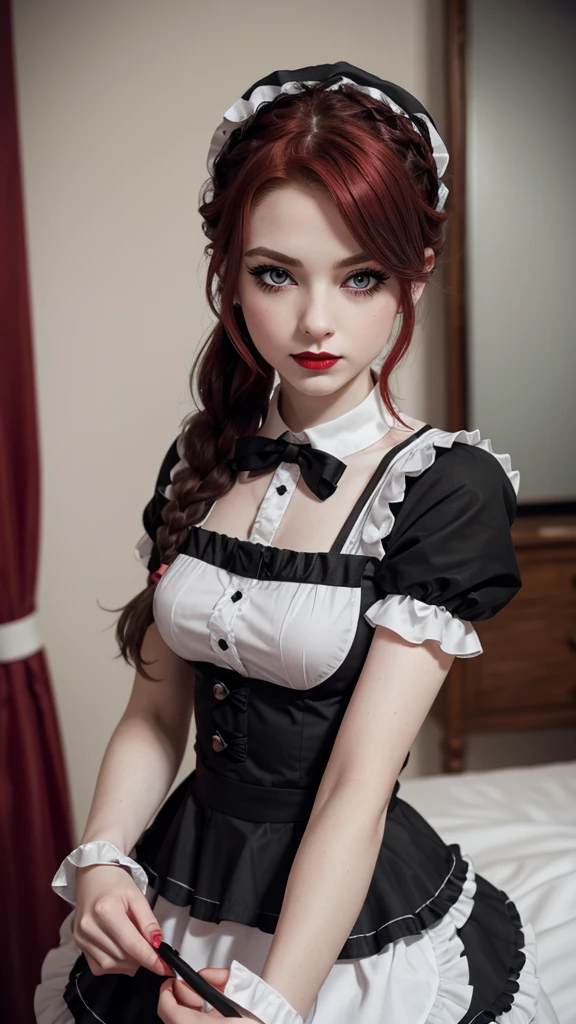 Red Crown Braided Hair, pale skin, Gray-green eyes, dark red lipstick, black eyeliner, black eye smoke, room, french maid uniform with black and white ruffles, maid&#39;s bonnet, black satin choker, smiling