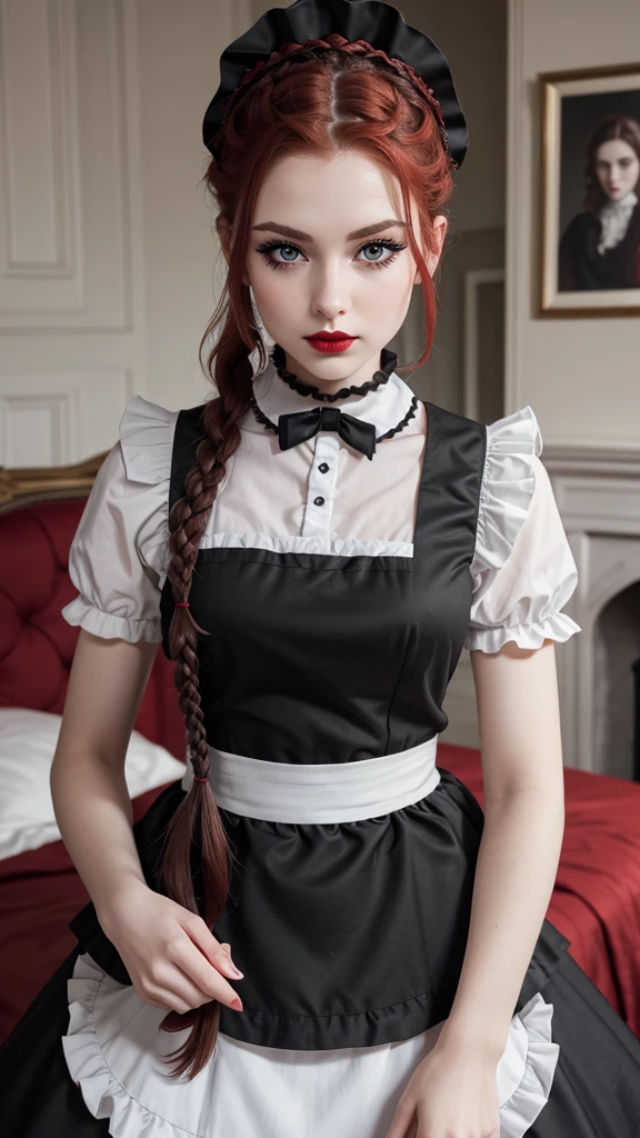 Red Crown Braided Hair, pale skin, Gray-green eyes, dark red lipstick, black eyeliner, black eye smoke, room, french maid uniform with black and white ruffles, maid&#39;s bonnet, black satin choker, smiling