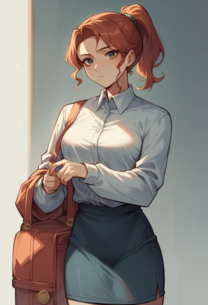 adorable face,adult,played,maduro,simple suit,Elegance,ponytail hair ,Skirt, shirt,kabedon