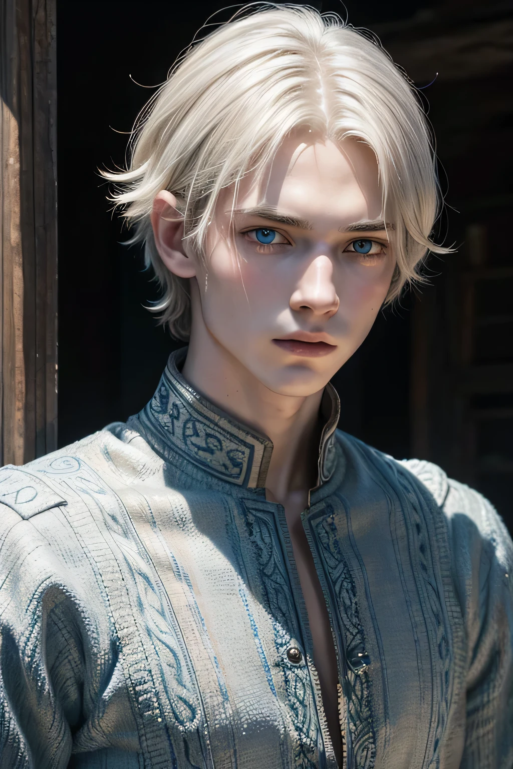 A young man descended from ancient Valyria, Short White Hair, blue eyes, slender face, appearance of 18 years