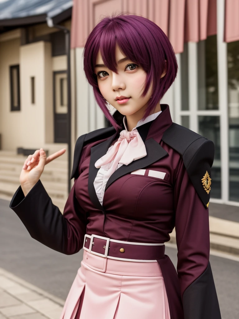 (Highest quality, 16K, masterpiece:1.55), Ultra detailed face, Detailed lips, Detailed eyes, double eyelid,
BREAK smile, upper body, (Seductive pose:1.6), (high angle shot, dutch angle, dynamic angle),
BREAK 1girl, solo, 18 years old, Svelte Body, middle breasts, big hips:1.2),
BREAK BREAK pink skirt, military uniform, short hair, ahoge, black thighhighs, red hair, purple eyes, purple hair, long sleeves,
BREAK outdoor, road,, shrinebackground,