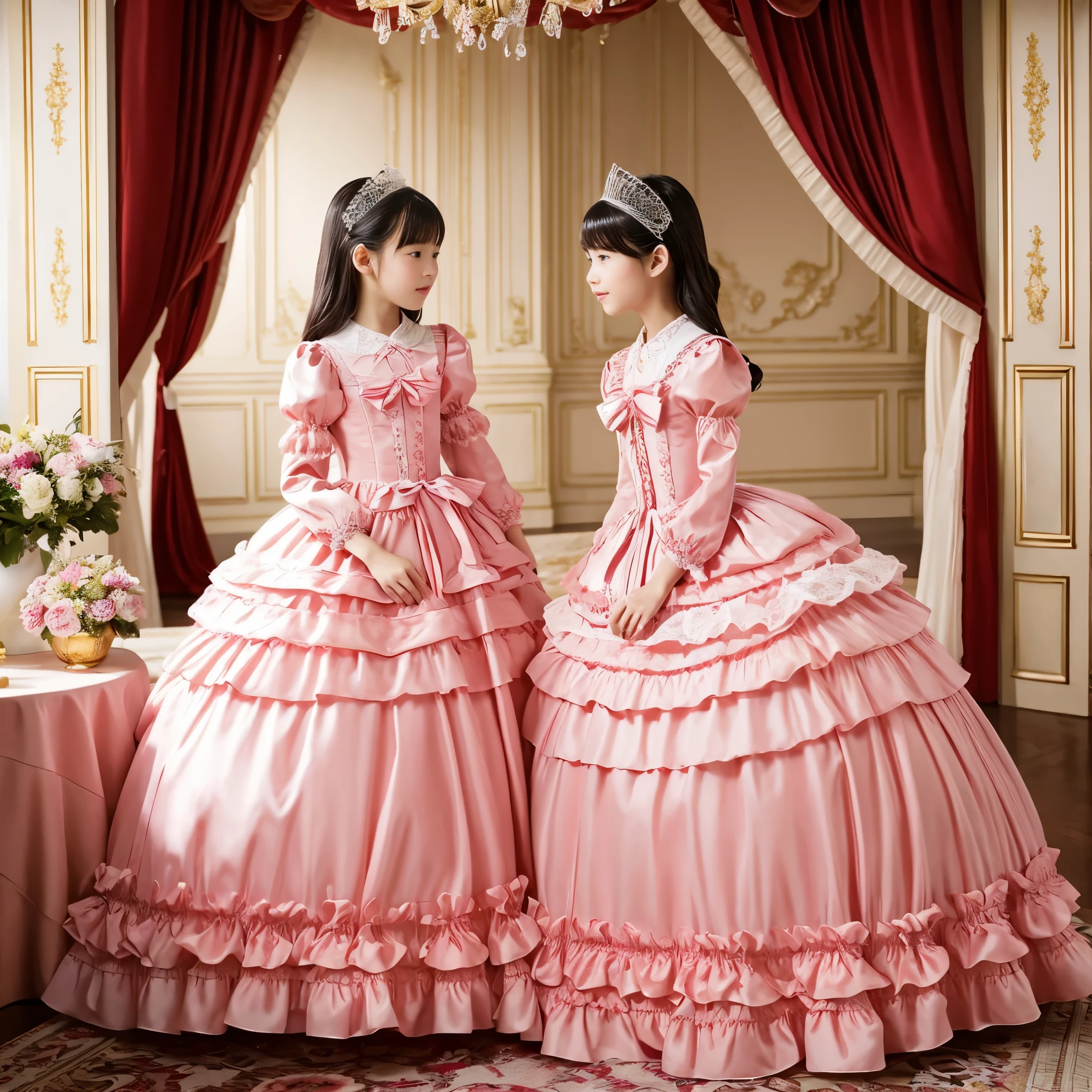 highest quality, masterpiece, highest resolution, artwork, super それにget used to it, many get used to it, get used to it, それにget used to it, woman, 10 years old,the two girls are princesses,pink victorian voluminous ball gown dress,long sleeve,long dress,A dress with lots of frills and ribbons..,luxury,Tzu-kiss,inside the palace bedroom,A luxurious canopy bed in the back,