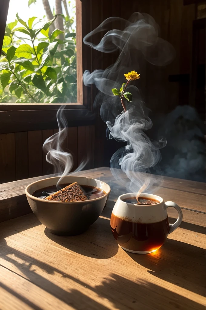 A cup of very hot coffee coming out of smoke, with a Selva e Paz fruit bar and a flower on a table, in a natural environment like a farm, Under the morning light