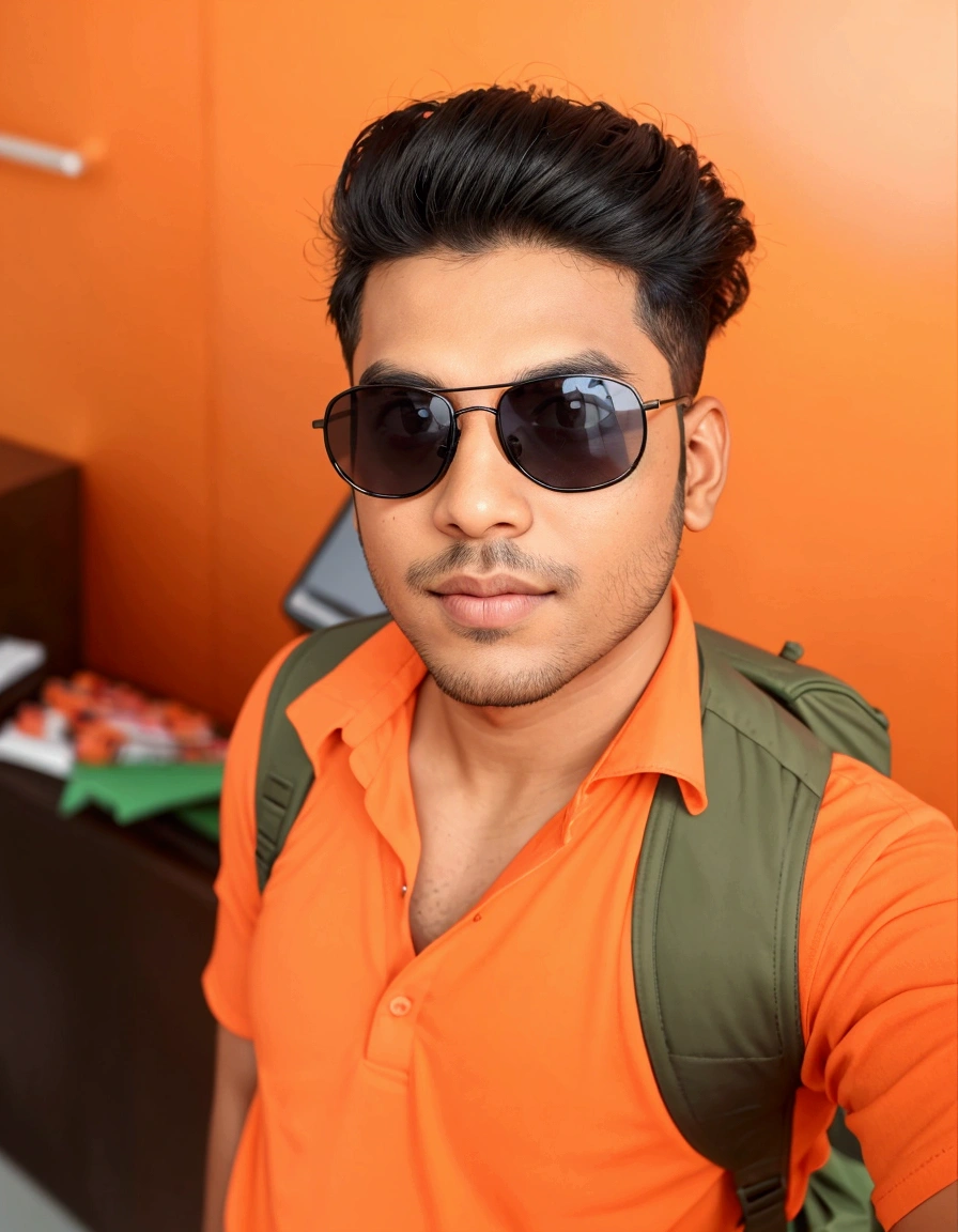 there is a man with a backpack and sunglasses taking a selfie, with accurate face, with sunglass, wearing black sunglasses, with lovely look, portait photo profile picture, profile picture, very very low quality picture, with sunglasses, without helmet, ayan nag, jayison devadas style, shot on nikon z9, in style of col price black shirt, change background
