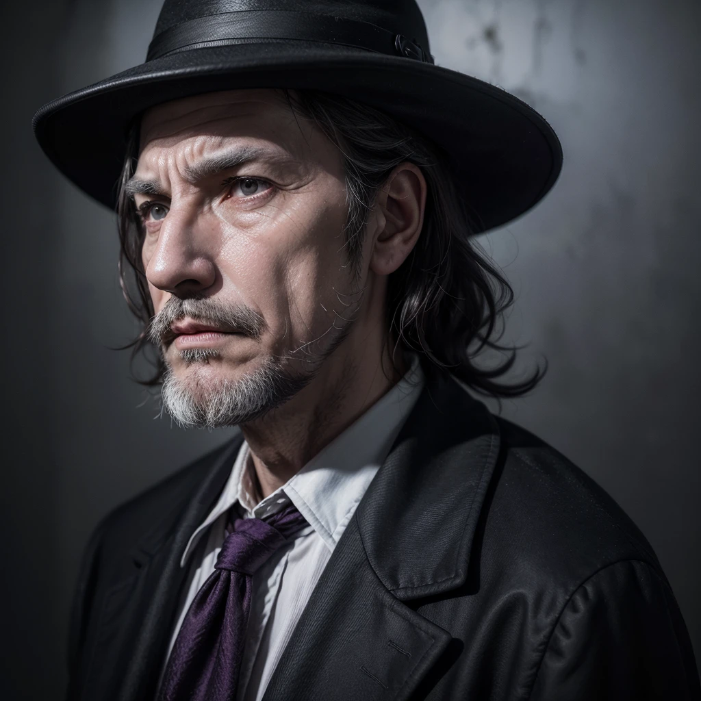 An old man character with an enigmatic appearance, like a dark detective. You can wear a wide-brimmed hat and a long coat, with antique clothes and an ethereal look, ideal for ghost stories, Dark colors, with shades of black, purple and red, and a design reminiscent of Edgar Allan Poe's tales. A stylized and dramatic look, with deep shadows and striking facial expressions. A more realistic avatar with careful details for a more immersive presentation.