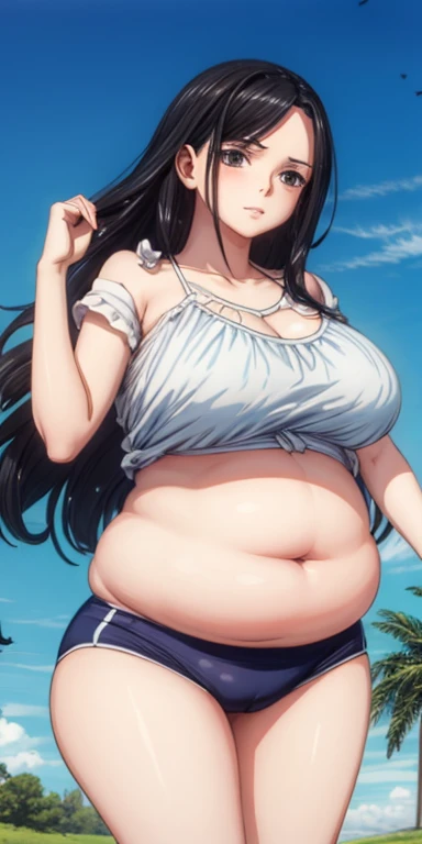 score_9, score_8_up, score_7_up, source_anime, best quality, clear face, 1girl, Nico Robin, black hair, long hair, blue eyes, large breasts, bikini, shorts, cleavage, smile, looking at viewer, sky, standing, pregnant belly, huge belly, belly