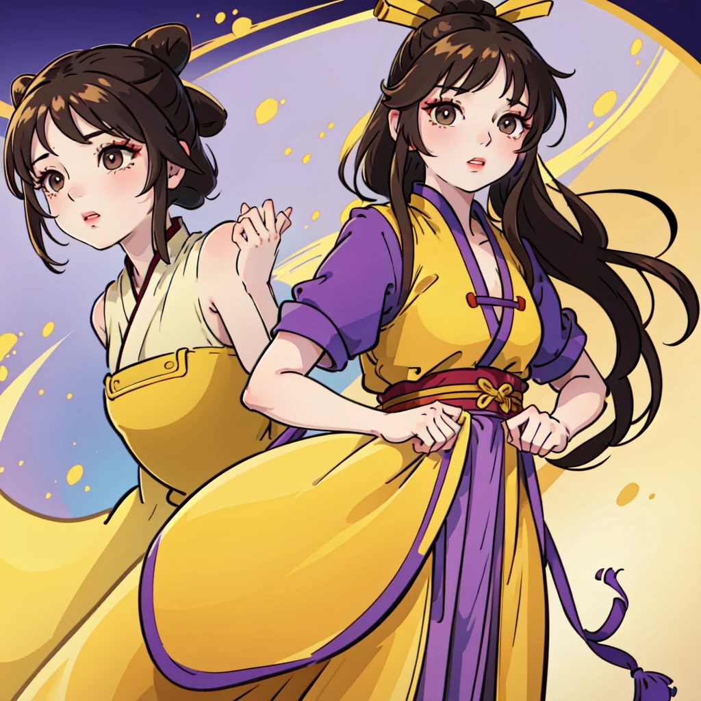 ( Best Quality, ancient china, 1 girl, a woman, Chinese long tunic in pastel yellow color with touches of strong yellow), long brown hair, purple eyes