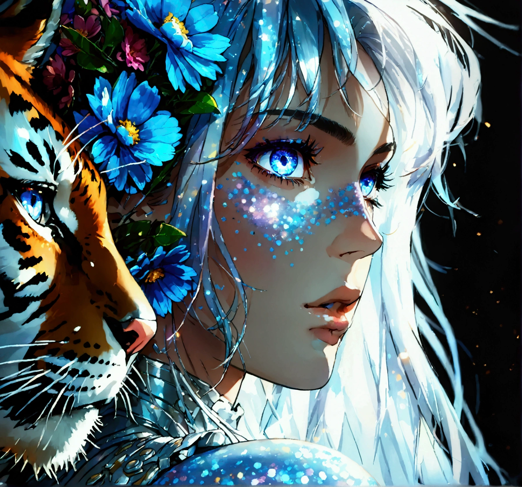 PORTRAIT, only face portrait, macro, a battle angel portrait, beautiful white skin with sparkles and glitter, long long hair with blue flowers on hair, shiny and lightening eyes, cosmos eyes, next to a red tiger, highly detailed fur (vectorized) blue lightening eyes, detailed skin, image is compelling with dynamic composition and energetic posing. Include many fantasy details such as bumps, phantasmal iridescence, glitter, galaxy, cosmos, ((dark celestialskin body, void cosmic body)), (((dark background))), (((lights off))), (((hollywood dark))), horror, dramatic shadows, (in a dark fantasy space:1.3, glitter, sparkle, gleam) vector digital illustration, (black background:1.5)sharp