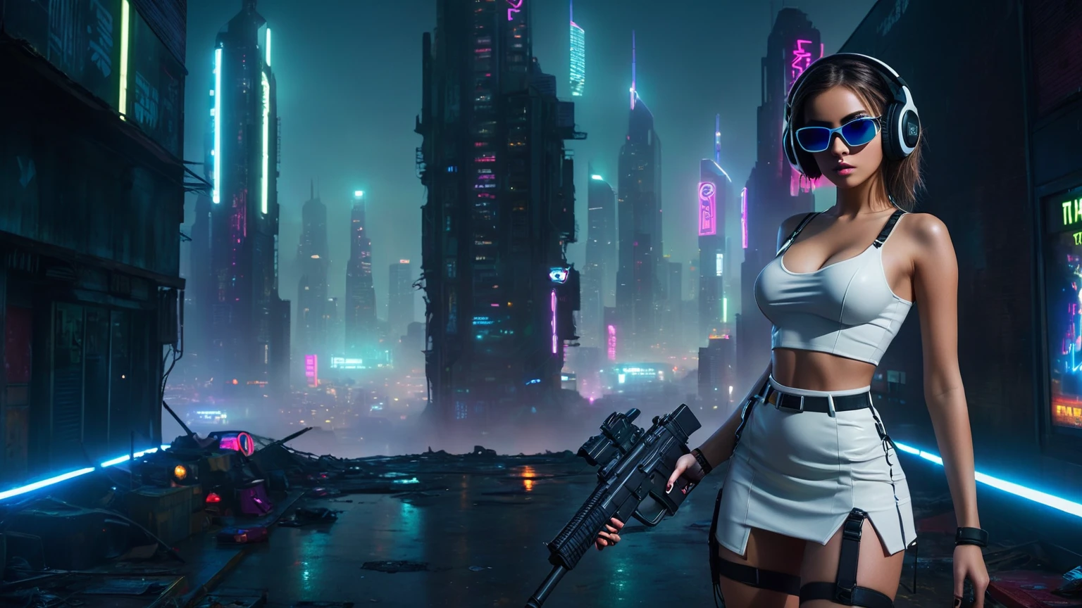 dark futuristic landscape, at night, neon lights, Atmospheric fog, large buildings in the background, futuristic city, streets with open shops, skyscraper (postapocalyptic city:1.3). (((1girl, solo, alone))), large-:1.2 slim body, cleavasexy miniskirt((headphone, black sunglasses, standing and holding pistol pose))), (((half-body thigh level medium shot))), cinematic lighting, lens flare, ray tracing.