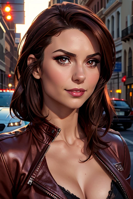 Best quality, realistic, from the front in first person, Nina Dobrev on the street of Los Angeles, (a female mexican Supermodel), (sexy wine red leather jacket:1.1), split, seductive smile, (dark hair), (hairstyle:1.0), Perfect eyes, sharp parts, Detailed face, face-makeup, cheeks turn red, Eyeliner, eyeshadow, Lip gloss, Supermodel, (deep focus), (hard lighting), (night time), (realistic lighting:1.0)