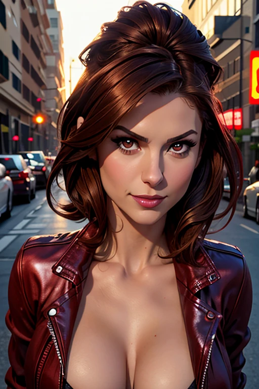 Best quality, realistic, from the front in first person, Nina Dobrev on the street of Los Angeles, (a female mexican Supermodel), (sexy wine red leather jacket:1.1), split, seductive smile, (dark hair), (hairstyle:1.0), Perfect eyes, sharp parts, Detailed face, face-makeup, cheeks turn red, Eyeliner, eyeshadow, Lip gloss, Supermodel, (deep focus), (hard lighting), (night time), (realistic lighting:1.0)