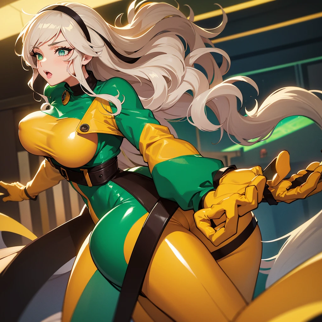 good anatomy, masterpiece, best quality, bokeh, depth of field, highres, high quality, 1girl,
CARTOON_X_MENs_Rogue,ownwaifu,
long hair,breasts,brown hair,green eyes,lipstick,makeup,lips,white hair,two-tone hair,headband,wavy hair,large breasts,messy hair,curly hair,big_hair,
yellow bodysuit,jacket,gloves,belt,yellow gloves,green bodysuit,bodysuit,multicolored bodysuit,superhero, skin tight,multicolored clothes,