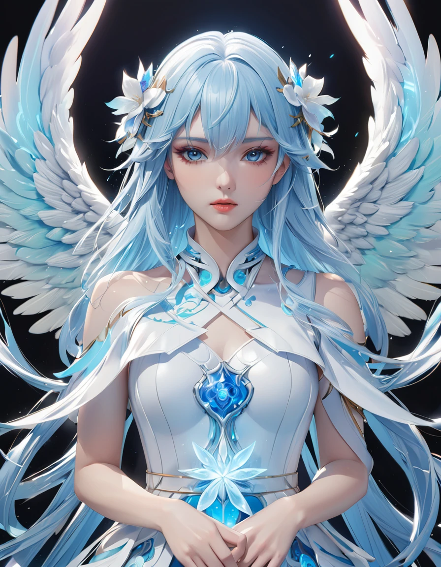Close-up of a woman with blue hair and angel wings, Beautiful fantasy anime, Beautiful young wind spirit, Anime Goddess, Beautiful angel, Beautiful cyborg angel girl, Trending on cgstation, 8K high quality, detailed art, Beautiful angel少女の, 2. 5 d cgi Anime fantasy artwork, Anime Girl Cosplay, Anime fantasy illustration, Anime fantasy artwork
