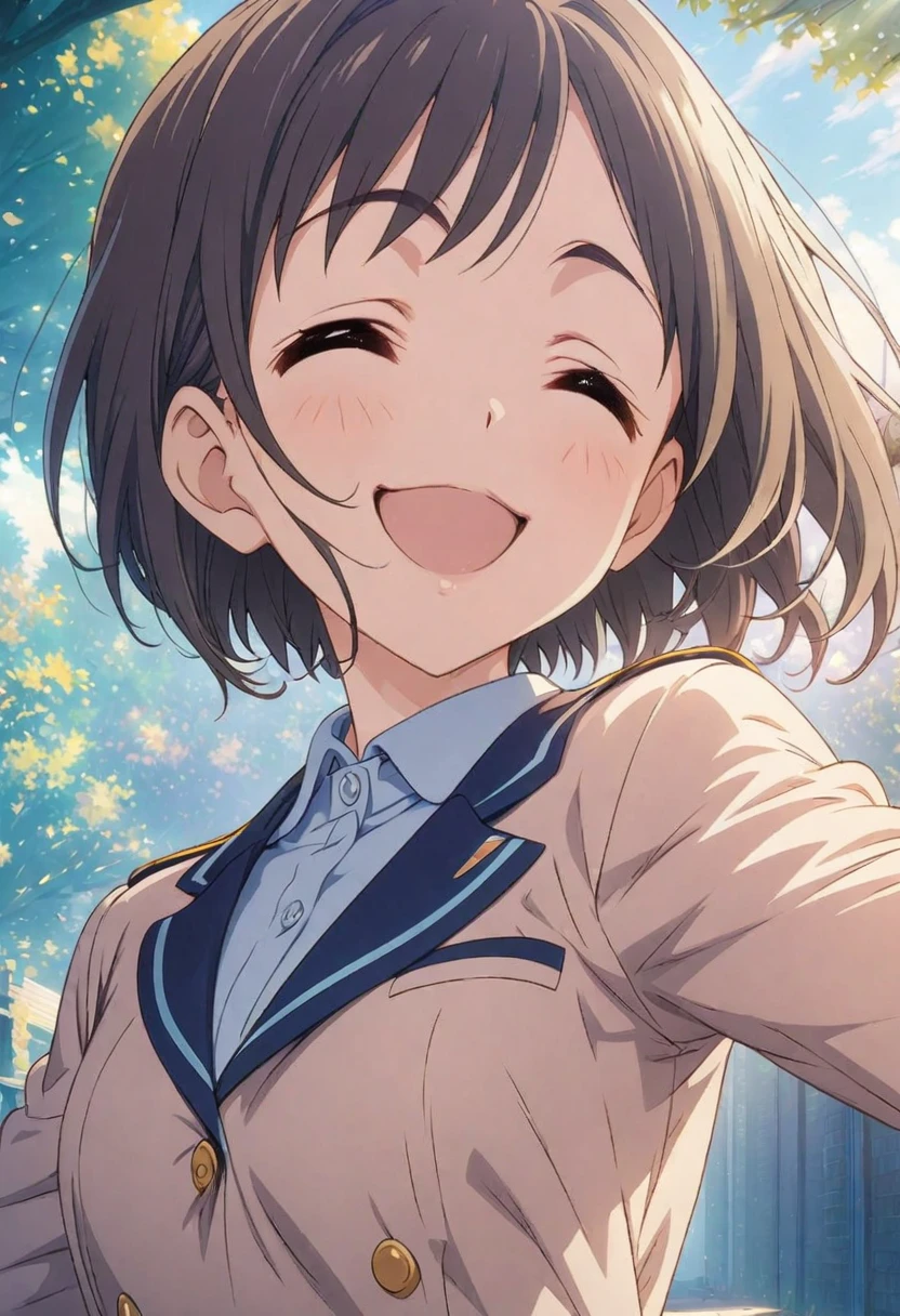 masterpiece, Highest quality, Highly detailed CG Unity 8K wallpapers, High School Girl Anime Illustration. Wearing a uniform、she has her eyes closed and mouth open, smile. The background is a light pastel colored landscape