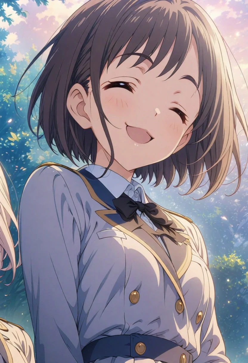 masterpiece, Highest quality, Highly detailed CG Unity 8K wallpapers, High School Girl Anime Illustration. Wearing a uniform、she has her eyes closed and mouth open, smile. The background is a light pastel colored landscape