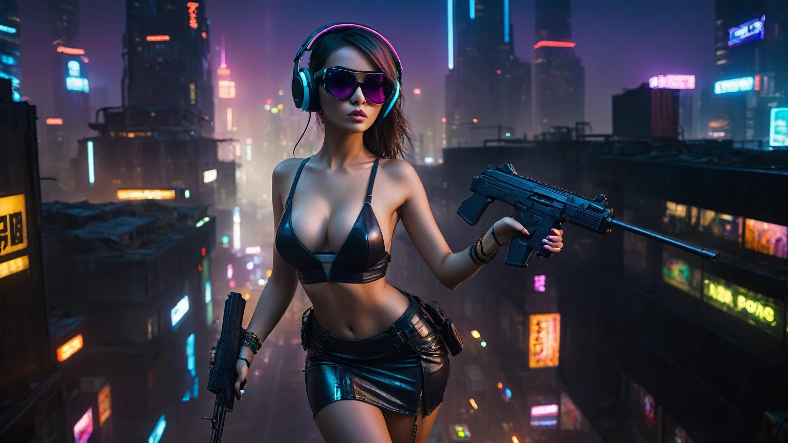 dark futuristic landscape, at night, neon lights, Atmospheric fog, large buildings in the background, futuristic city, streets with open shops, skyscraper (postapocalyptic city:1.3). (((1girl, solo, alone))), large-breast:1.2 slim body, cleavage:1.1, sexy miniskirt, (((headphone, black sunglasses, standing and holding pistol pose))), (((half-body thigh level medium shot))), cinematic lighting, lens flare, ray tracing.