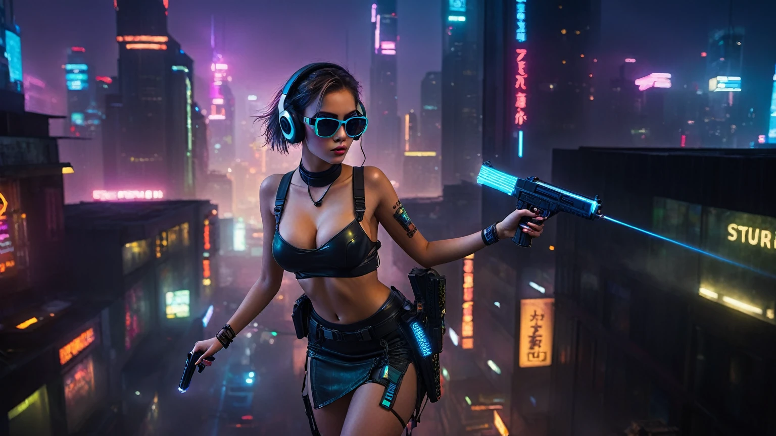 dark futuristic landscape, at night, neon lights, Atmospheric fog, large buildings in the background, futuristic city, streets with open shops, skyscraper (postapocalyptic city:1.3). (((1girl, solo, alone))), large-breast:1.2 slim body, cleavage:1.1, sexy miniskirt, (((headphone, black sunglasses, standing and holding pistol pose))), (((half-body thigh level medium shot))), cinematic lighting, lens flare, ray tracing.