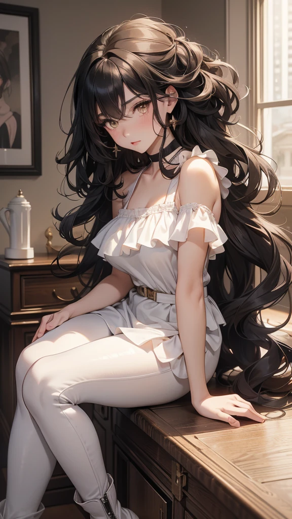 ( adult woman), big hair, curly hair, Bblack hair; break; yellow eyes, rosto angelical, gorgeous face, blushed face; rosto ultra detaild; break ; pink and white loose blouse, black leggings, wearing high brown leather boots, choker ; break ; (best qualityer), ((ultra detaild)), (best resolution, ( 4K ) soft strokes, role model, work of art, closes ; break ; (cozy room in the back