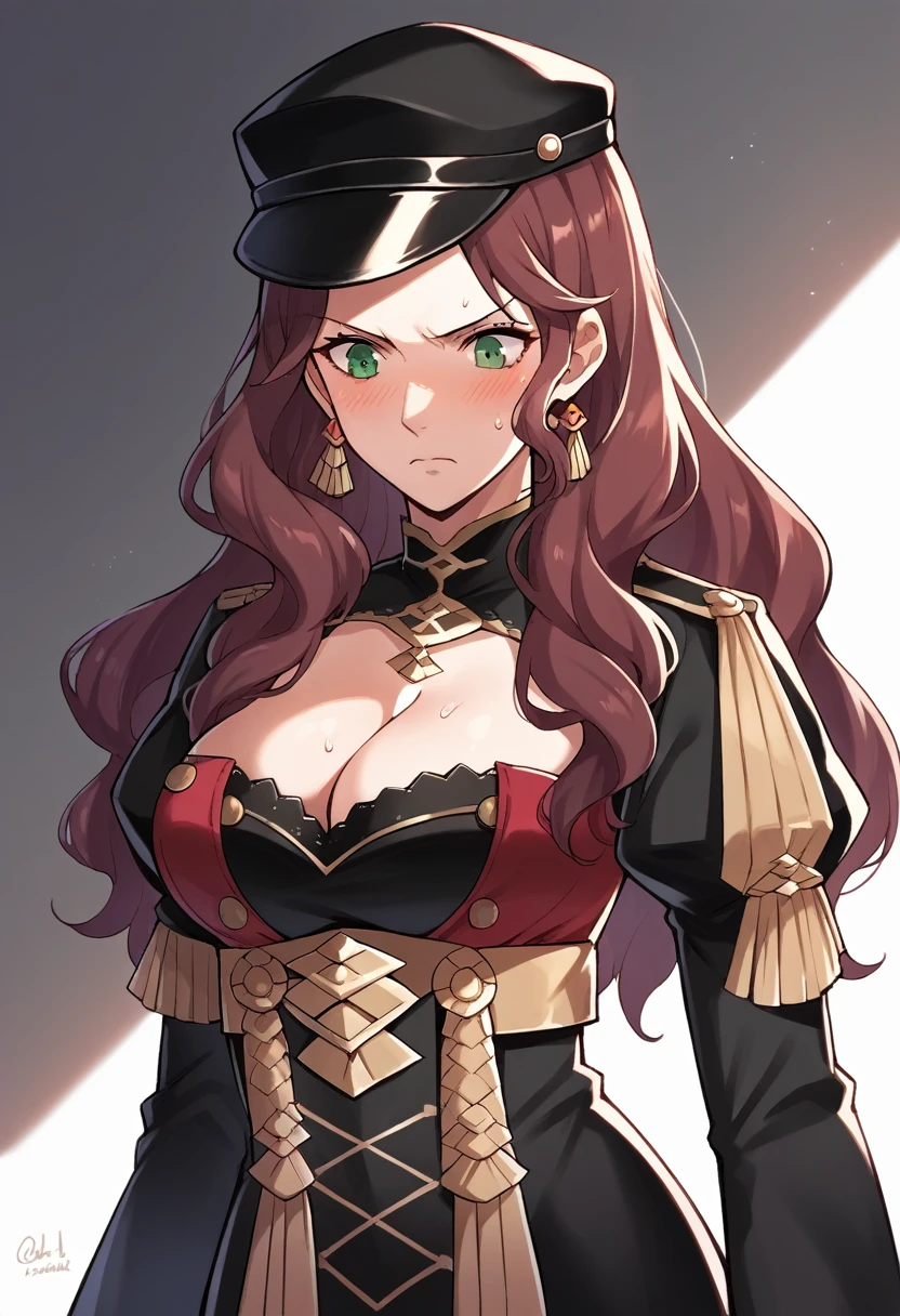 score_9, score_8_up, score_7_up, source_anime, Dorothea (Fire Emblem), bust shot, black headwear,  (black long-sleeve uniform), brown hair, dangle earrings, gold trim, green eyes, jewelry, large breasts, cleavage, long hair, black peaked cap, black hat, look down, serious facial expression, closed mouth, blush, sweat, dark background, dramatic lighting