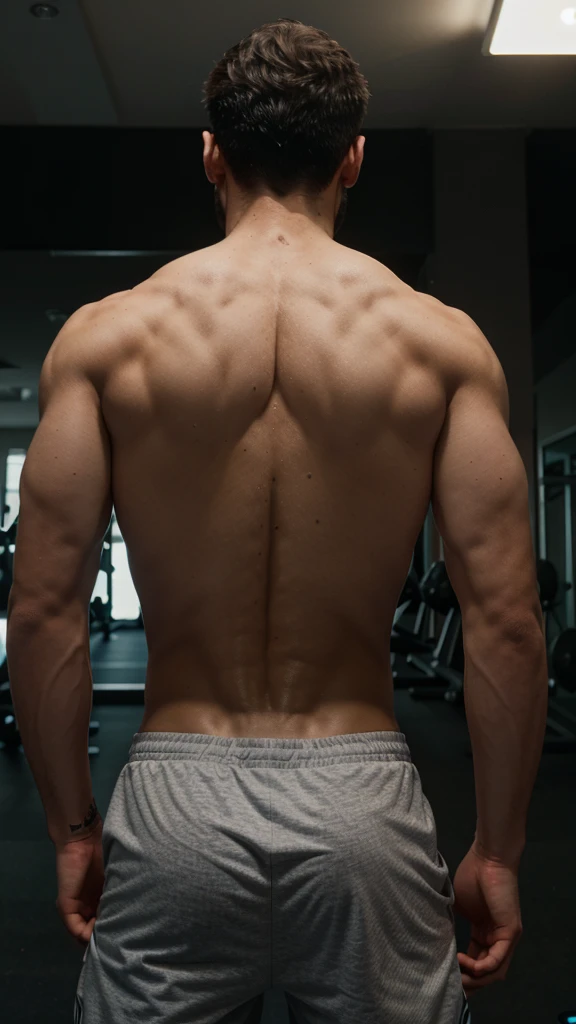 Create a thumbnail image showing a thin man showing off his undefined back in a modern gym environment with LED lighting