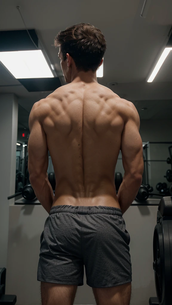 Create a thumbnail image showing a thin man showing off his undefined back in a modern gym environment with LED lighting