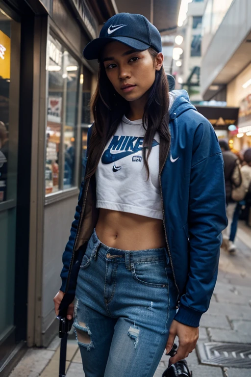 Realistic macro photo of a man wearing a clean hoodie and ripped blue pants.on the front of the jacket is the name REY.
Men also wear Nike shoes and hats while carrying snipers with sexy women against the market background 