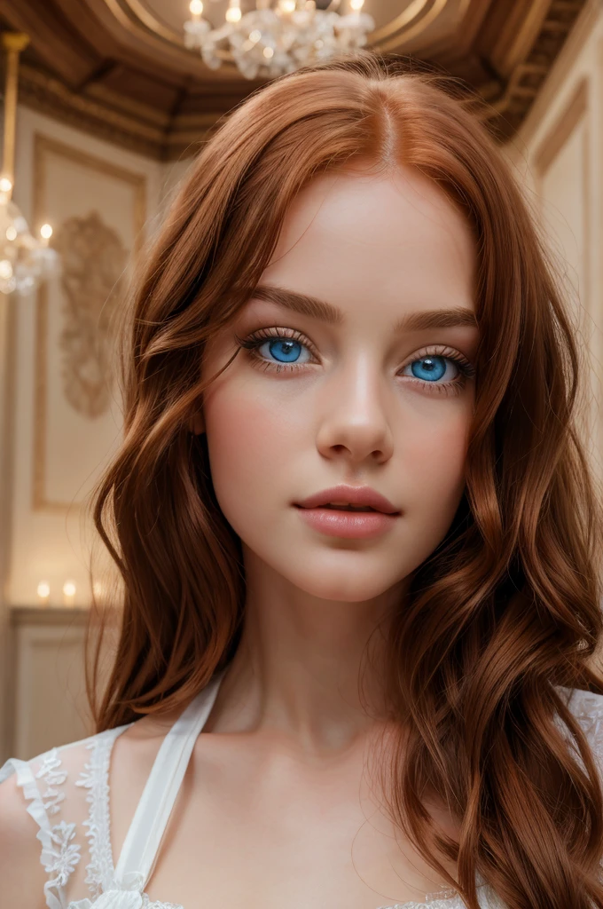 8k, raw photo, best quality, masterpiece, realistic, photo realistic, clear, professional lighting, beautiful face, best quality,ultra high res, realistic european,delicate beauty, blue eyes, long wavy red hair, cupid's bow lips,Super detailed, 1girl, indoor, dutch angle