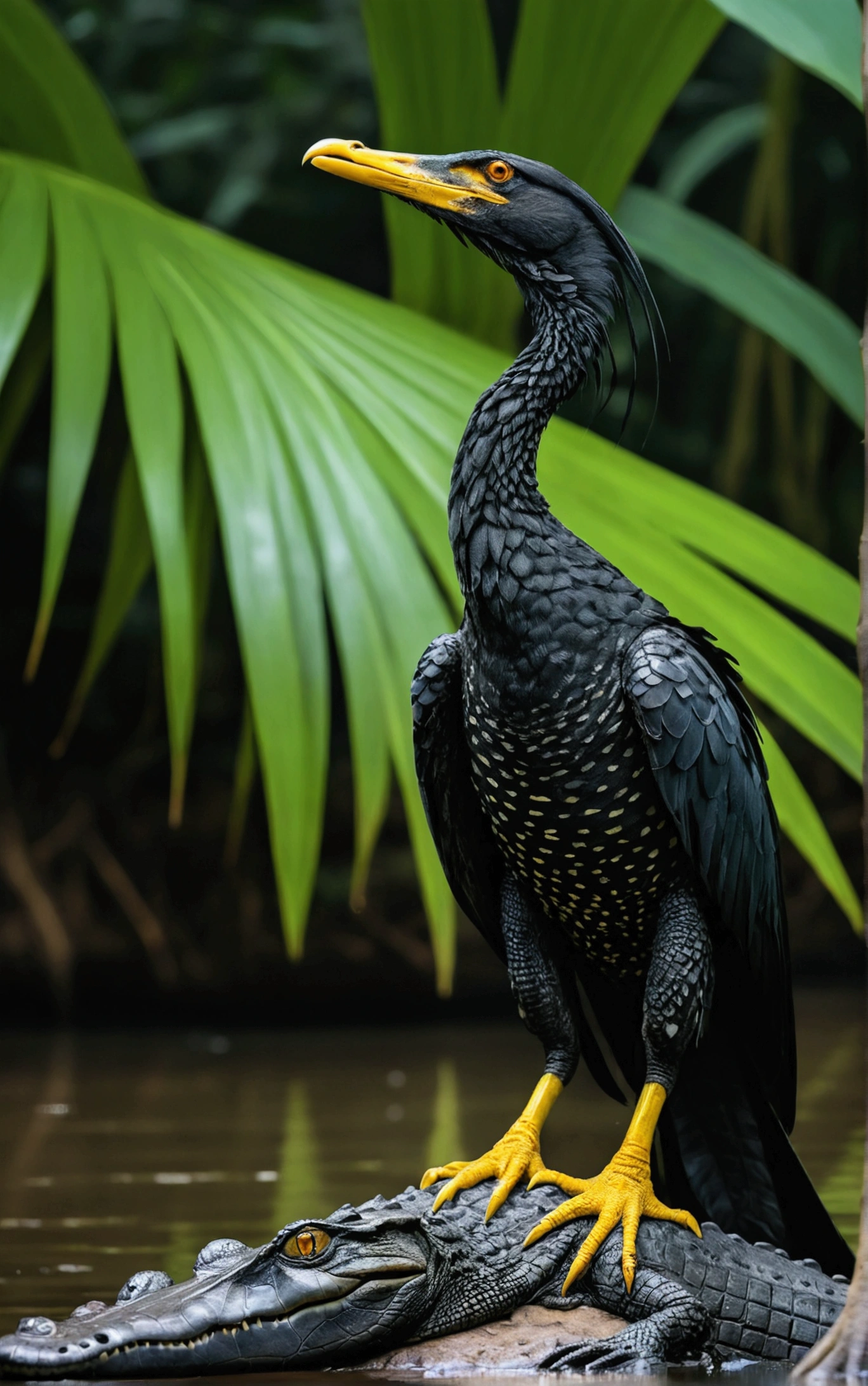 there is a big black yellow bird, sitting on top of a crocodile, with tail, rare bird in the jungle, long tail, very beautiful and elegant, beautiful and elegant, long and elegant tail, captured on canon eos r 6, long tail with horns, beautiful and graceful, long tails, by Sudip Roy, mischievous look, high quality nature photography