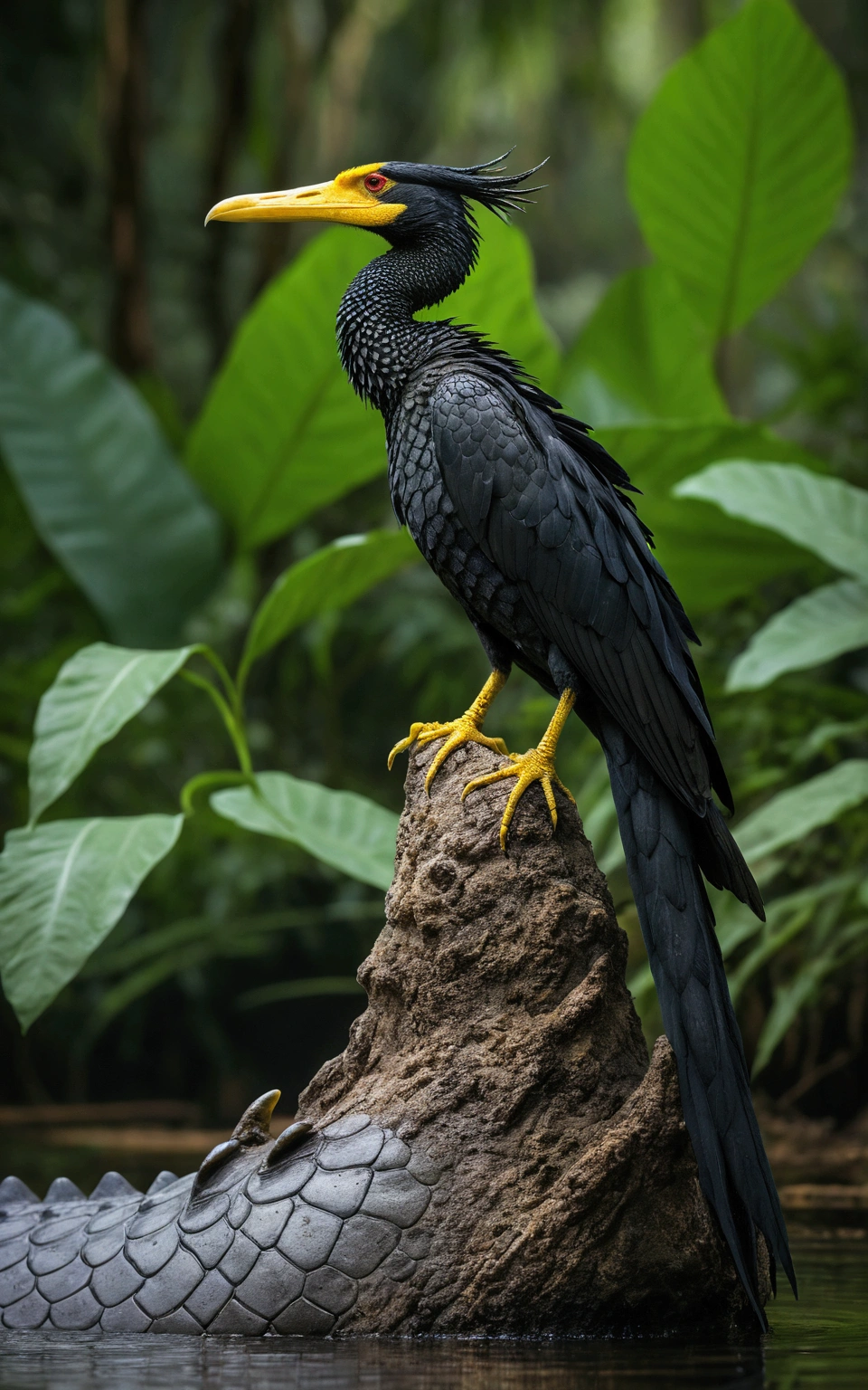 there is a big black yellow bird, sitting on top of a crocodile, with tail, rare bird in the jungle, long tail, very beautiful and elegant, beautiful and elegant, long and elegant tail, captured on canon eos r 6, long tail with horns, beautiful and graceful, long tails, by Sudip Roy, mischievous look, high quality nature photography