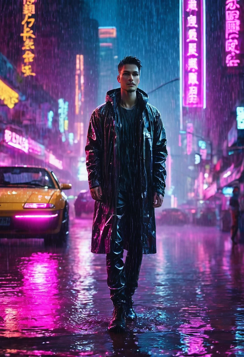 (Masterpiece, Best Quality, high resolution, fondo de pantalla de unidad 32k, Extremely detailed CG:1), (weak illustration on stage:1.0), ((1 young handsome man:1.55 by cyberpunk:1.5 )),(( cyberpunk night city:1.4)), neon signs futuristic cars,dark place rain, ((wet clothes magenta neon lights illuminating the young man perfectly:1.45) . 32k