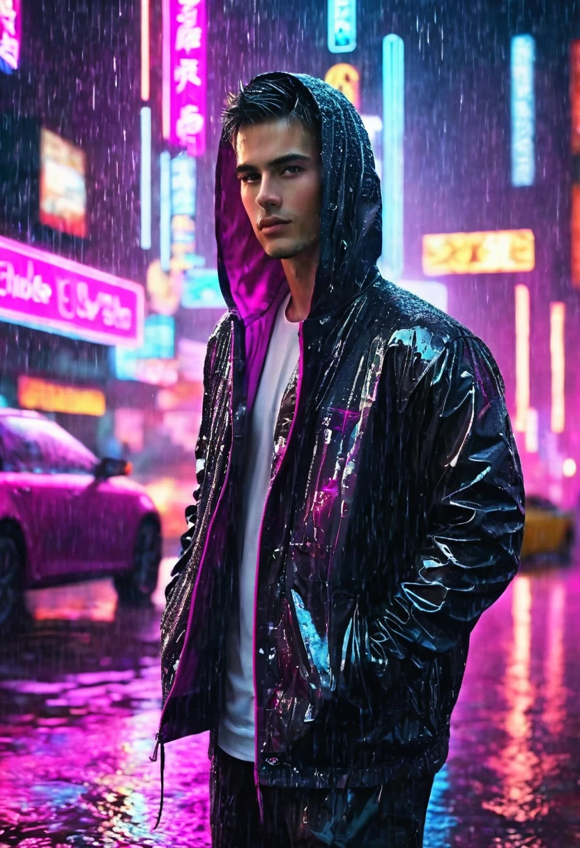 (Masterpiece, Best Quality, high resolution, fondo de pantalla de unidad 32k, Extremely detailed CG:1), (weak illustration on stage:1.0), ((ung handsome man:1.55 by cyberpunk:1.5 )),(( cyberpunk night city:1.4)), neon signs futuristic cars,dark place rain, ((wet clothes magenta neon lights illuminating the young man perfectly:1.45) . 32k