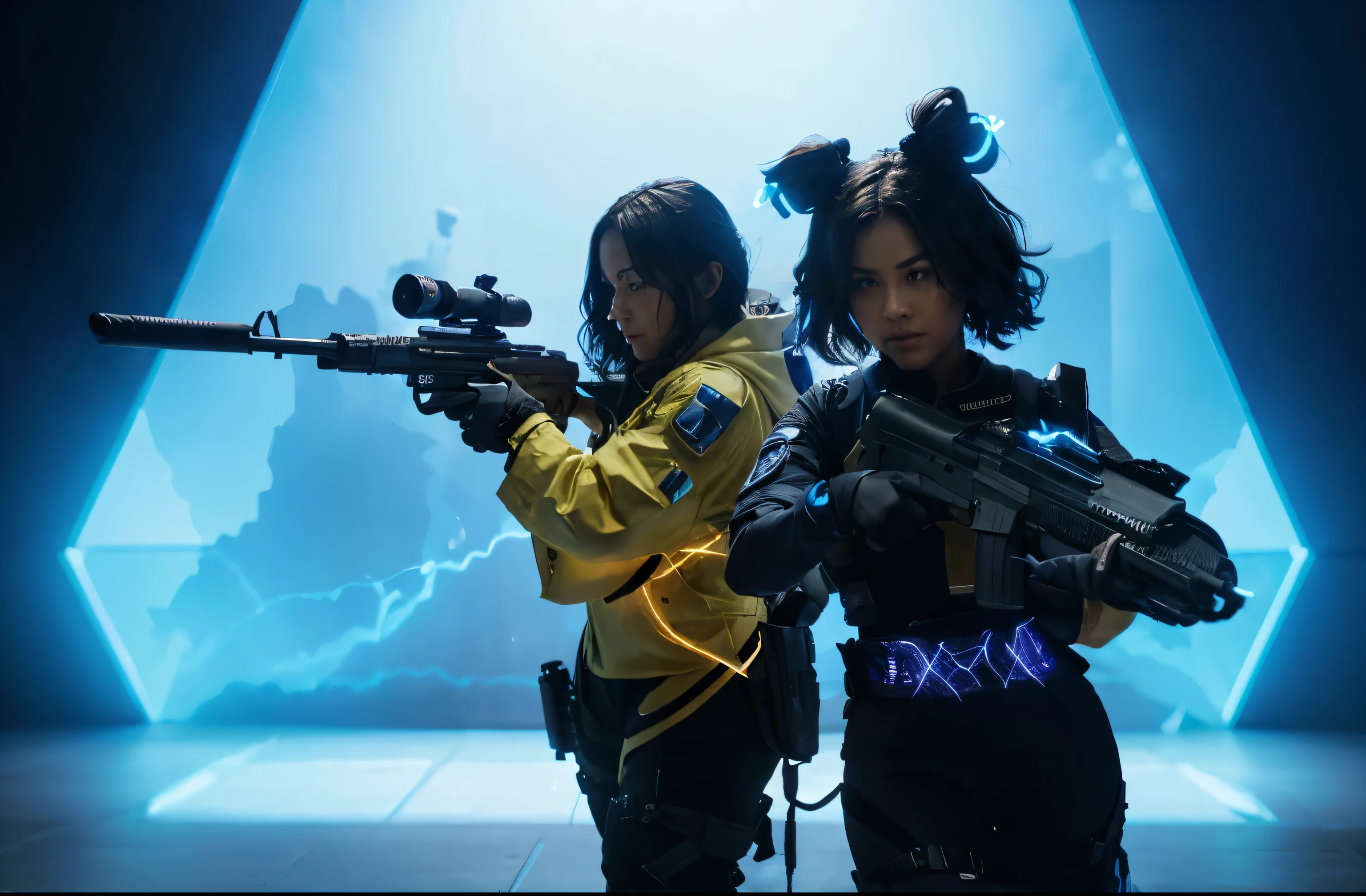 (Best quality, 8k, 32k, Masterpiece, UHD:1.2), "Transform the scene into a dynamic and dramatic moment featuring two characters from Valorant emerging from a shimmering blue portal. The portal is swirling with energy, emitting bright sparks and electric arcs that illuminate the surroundings. The characters, one standing slightly ahead of the other, are in action-ready poses, displaying their unique weapons and gear that signify their roles in the game.

The blue portal is a vortex of light and energy, with tendrils of blue and white electricity crackling around its edges. The characters are stepping through with determination and readiness, their expressions fierce and focused. The first character, with a sleek, high-tech rifle, has a tactical stance, while the second character, slightly behind, holds a glowing energy orb, indicating their special abilities.

The backdrop contrasts with the futuristic and vibrant portal, hinting at a battlefield or an urban environment. Sparks from the portal cast dynamic shadows and reflections, enhancing the sense of movement and intensity. This setting should evoke a sense of urgency and anticipation, capturing the high-stakes and adrenaline-fueled atmosphere of Valorant."