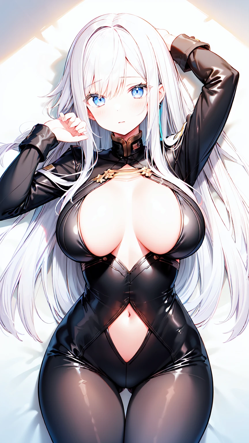 1girl, pikkylena, solo, large breast, lying, looking at viewer, expressionless, thigh gap, arm up