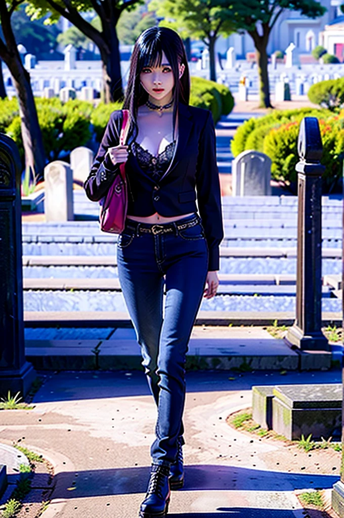 Goth woman walking through a cemetery 、Showing 、Show your pants
