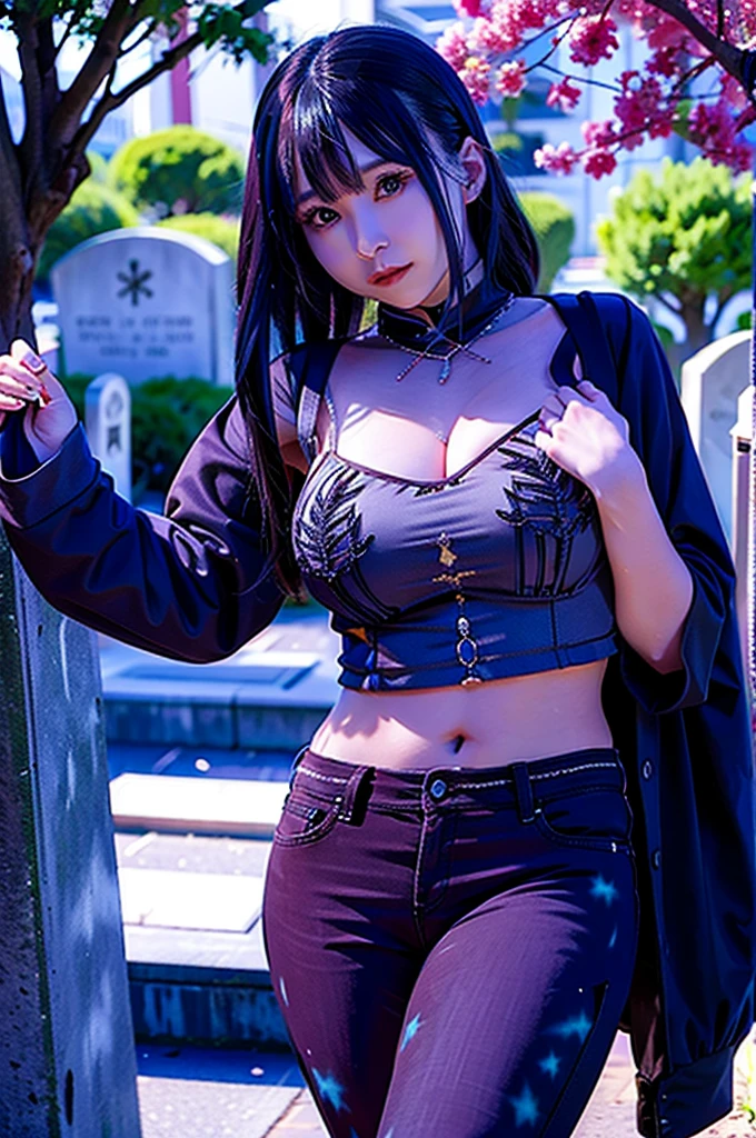 Goth woman walking through a cemetery 、Showing 、Show your pants
