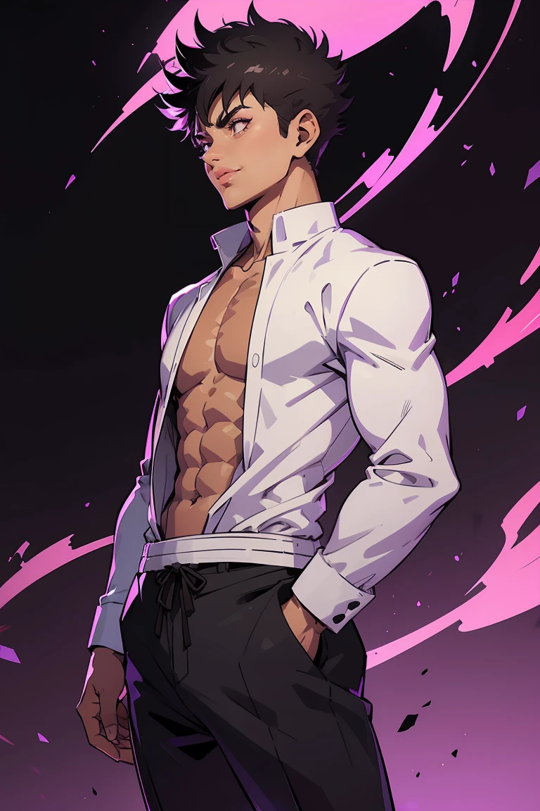 highest quality, 8K, high resolution image, anime style Jujutsu Kaisen, detailed strokes, slightly tanned skin, blurry, purple light reflecting from it, (close angle), 1 man, young, male, model, cool guy, muscular, shaved body, smile, brown Eyes, black very short hair, black hair, short hair, swollen chest, he is wearing a white shirt under a Jacket, hand in trouser pocket, gold link chain, background: City, big city streets